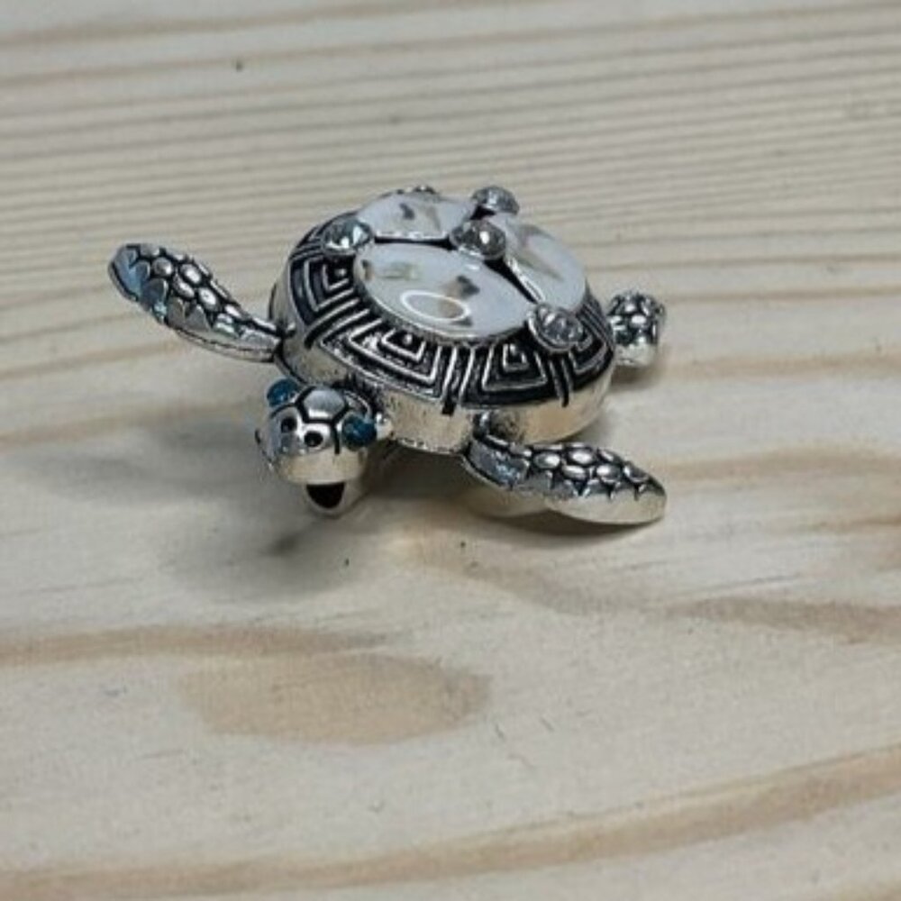 Turtle-Inspired Silver-Tone & Faux Mother-Of-Pearl Brooch Rhinestone Accents
